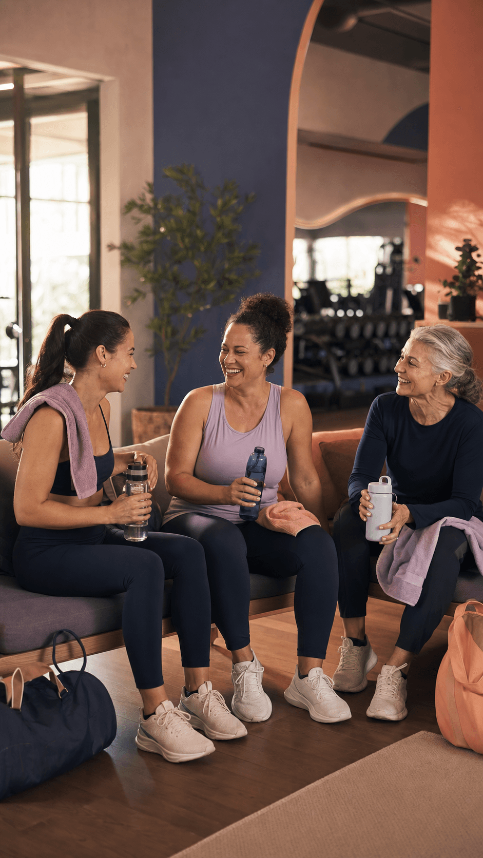 Três mulheres conversam depois de uma aula no Alento Clube