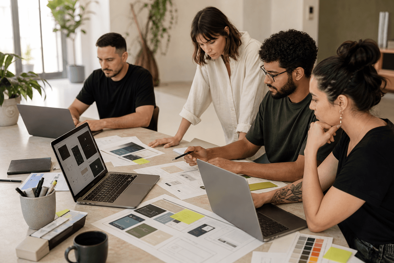 Equipe multidisciplinar colaborando em estratégia, design e produto digital